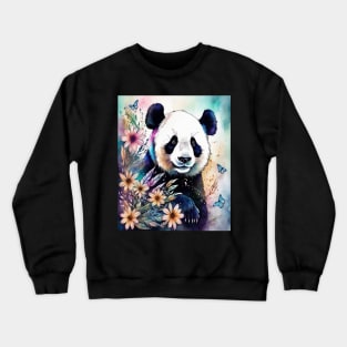 Fantasy, Watercolor, Panda Bear With Flowers and Butterflie Crewneck Sweatshirt